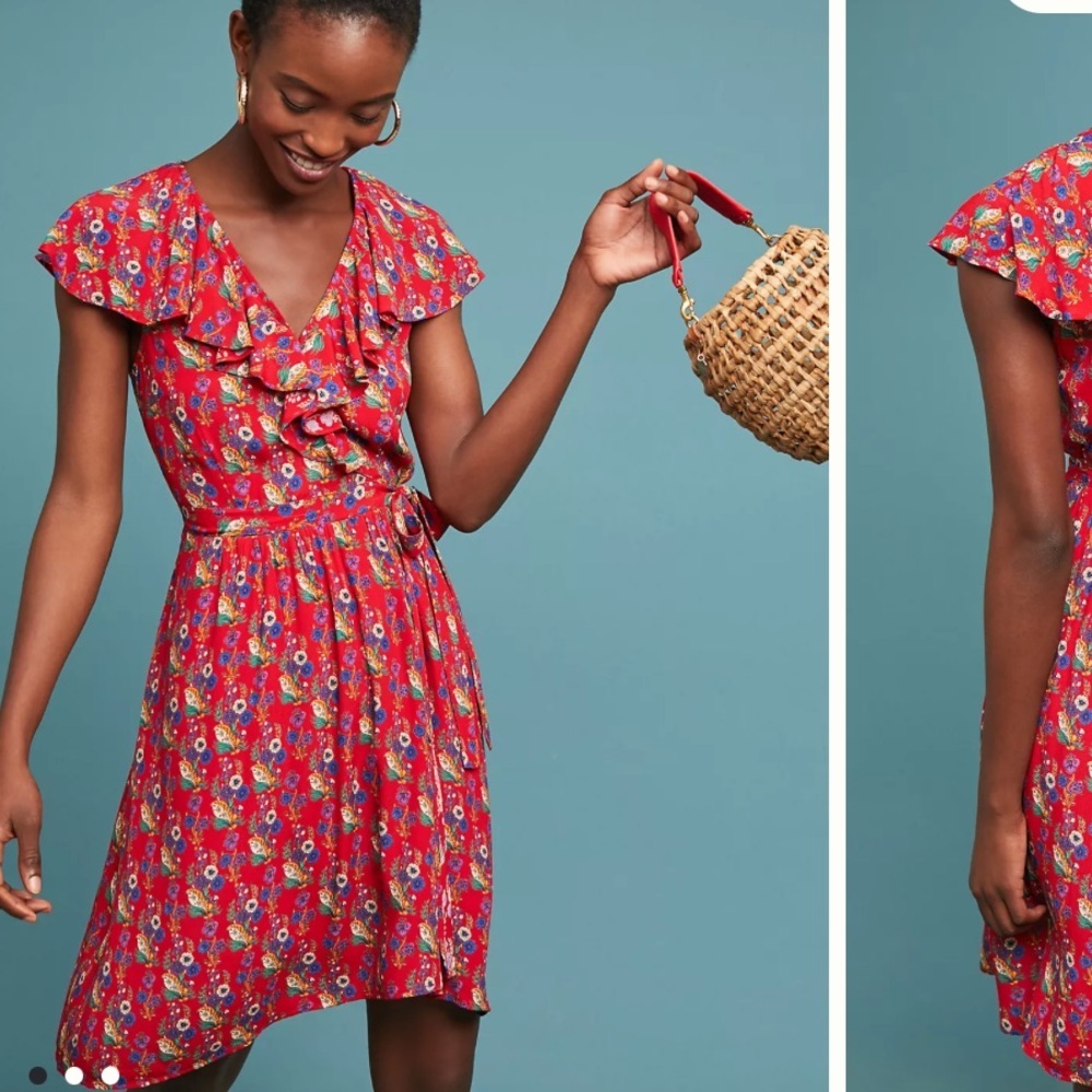 Maeve Anthropologie Rosalia Wrap Floral Dress Red Sz 4‎ Flouncy Date Boho Girly